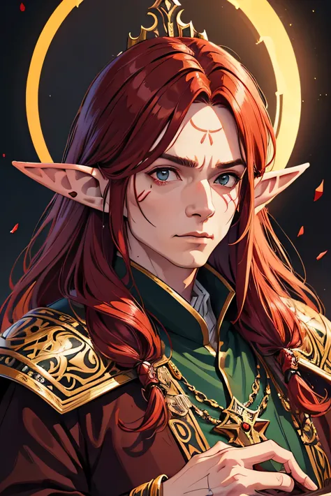 man, a middle-aged man with long red hair, elf ears, wearing a priest's robe, extremely detailed face, intricate ornate details,...