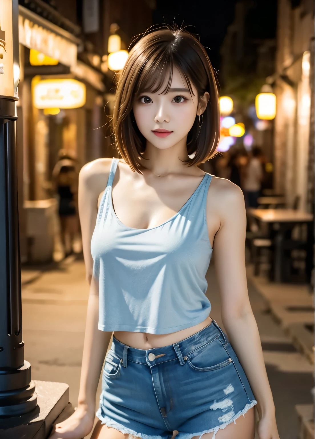 (masterpiece, best quality:1.1), (8k, raw photo, photo realistic:1.2, f22), (shiny skin), detailed skin, medium breast, medium bob hair:1.3, detailed face, detailed eyes, BREAK, real world, intricate details, smil, BREAK, 1girl, full body, (tank top:1.4, denim shorts), BREAK, (night city:1.3)