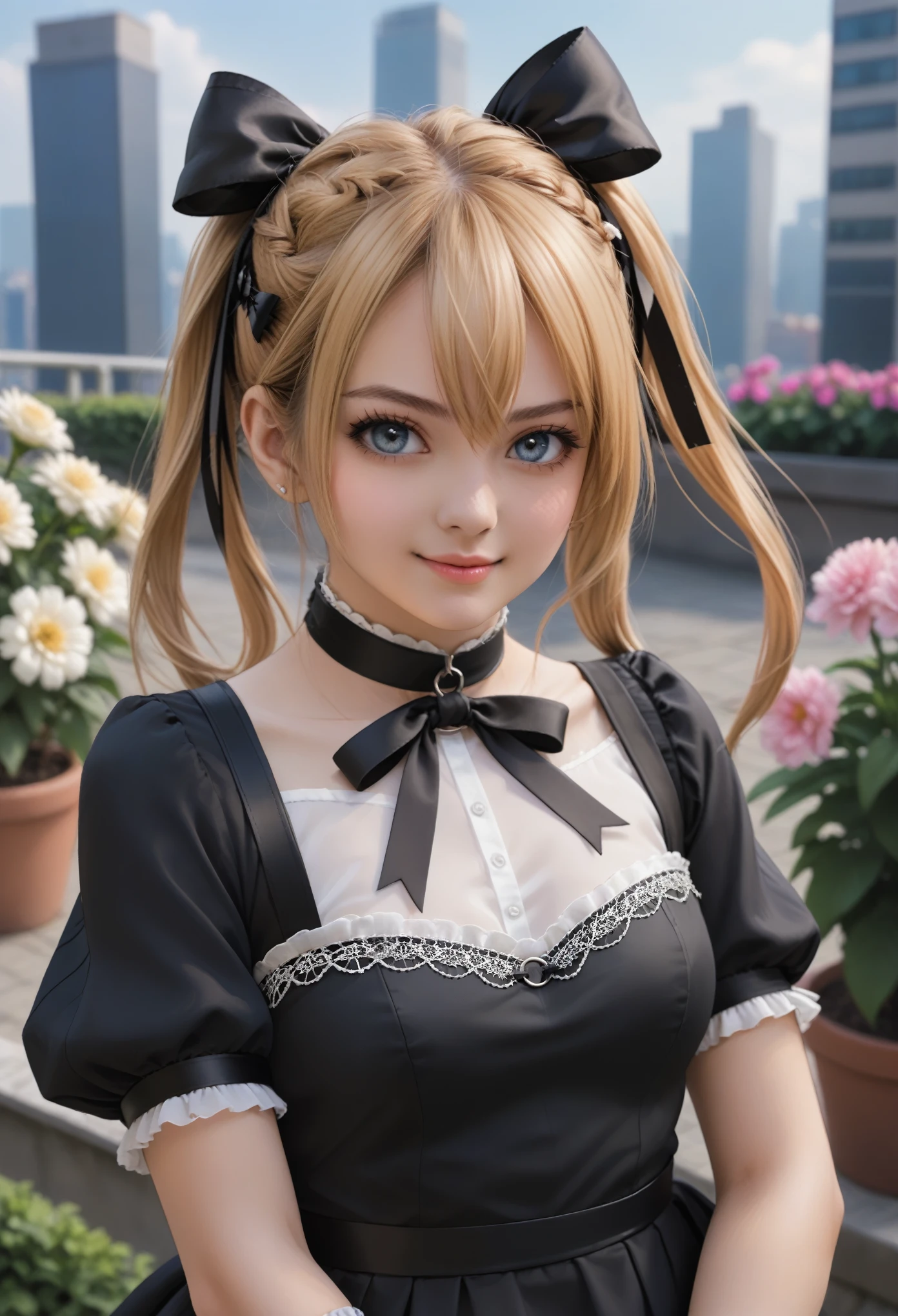 source_anime, BREAK 1girl ,doamarie, blonde hair, twintails, hair ornament, hair ribbon, choker, harness, black skirt, black and white dress, detached sleeves, black sleeves, looking at viewer, portrait, happy, cityscape, garden, flowers