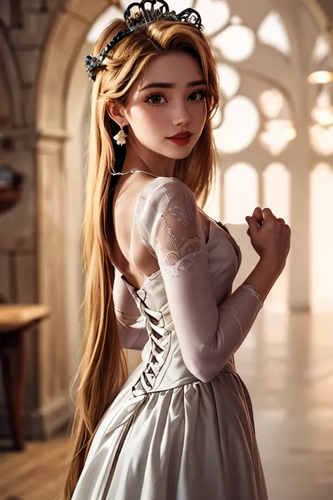 woman, Rapunzel, (Long Hair:1.4), (very Long Hair:1.45), (absurdly Long Hair:1.5), Blonde Hair, smile, shy smile, High heels, Ea...