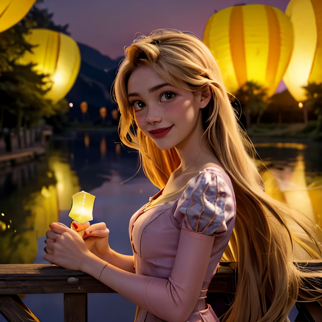 masterpiece, Perfect lighting, night, evening, Cinema Lighting, Adult, woman, View Viewer,  Green Eyes,  smile, :), freckles, blush, alone,  (RSE Emma:1.5), (RapunzelWaifu:1.2), Pink Dress, blonde, Very long hair, (lake:1.35), on boat, night, (Multiple flying lanterns:1.48), horizon, hills, (sunset:1.1),