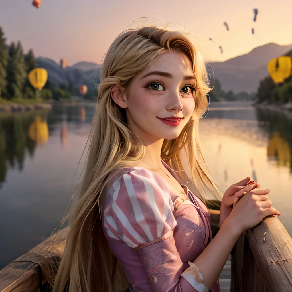 masterpiece, Perfect lighting, night, evening, Cinema Lighting, Adult, woman, View Viewer,  Green Eyes,  smile, :), freckles, blush, alone,  (RSE Emma:1.5), (RapunzelWaifu:1.2), Pink Dress, blonde, Very long hair, (lake:1.35), on boat, night, (Multiple flying lanterns:1.48), horizon, hills, (sunset:1.1),