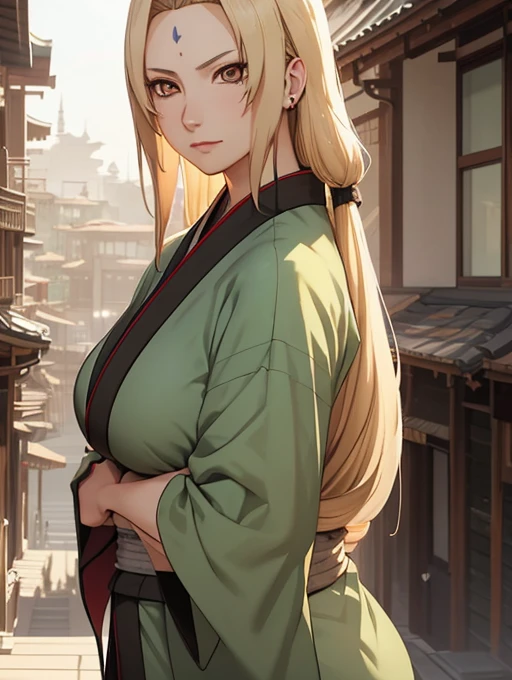 a beautiful anime girl, tsunade senju, long blonde hair, green eyes, red makeup, detailed facial features, detailed clothing, kimono, jewelry, confident expression, mature, powerful, epic landscape background, mystical atmosphere, glowing energy, cinematic lighting, vibrant colors, digital art, highly detailed, 8k, photorealistic