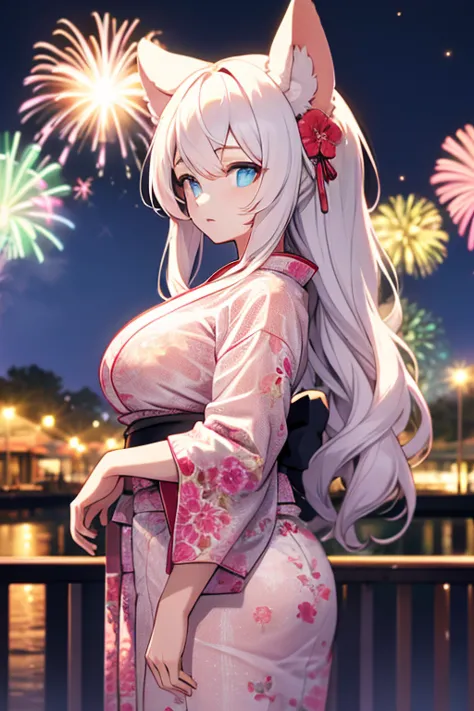 Animal ears　girl　Floral kimono　Big Breasts　See-through　Night view　firework　Hot Dog