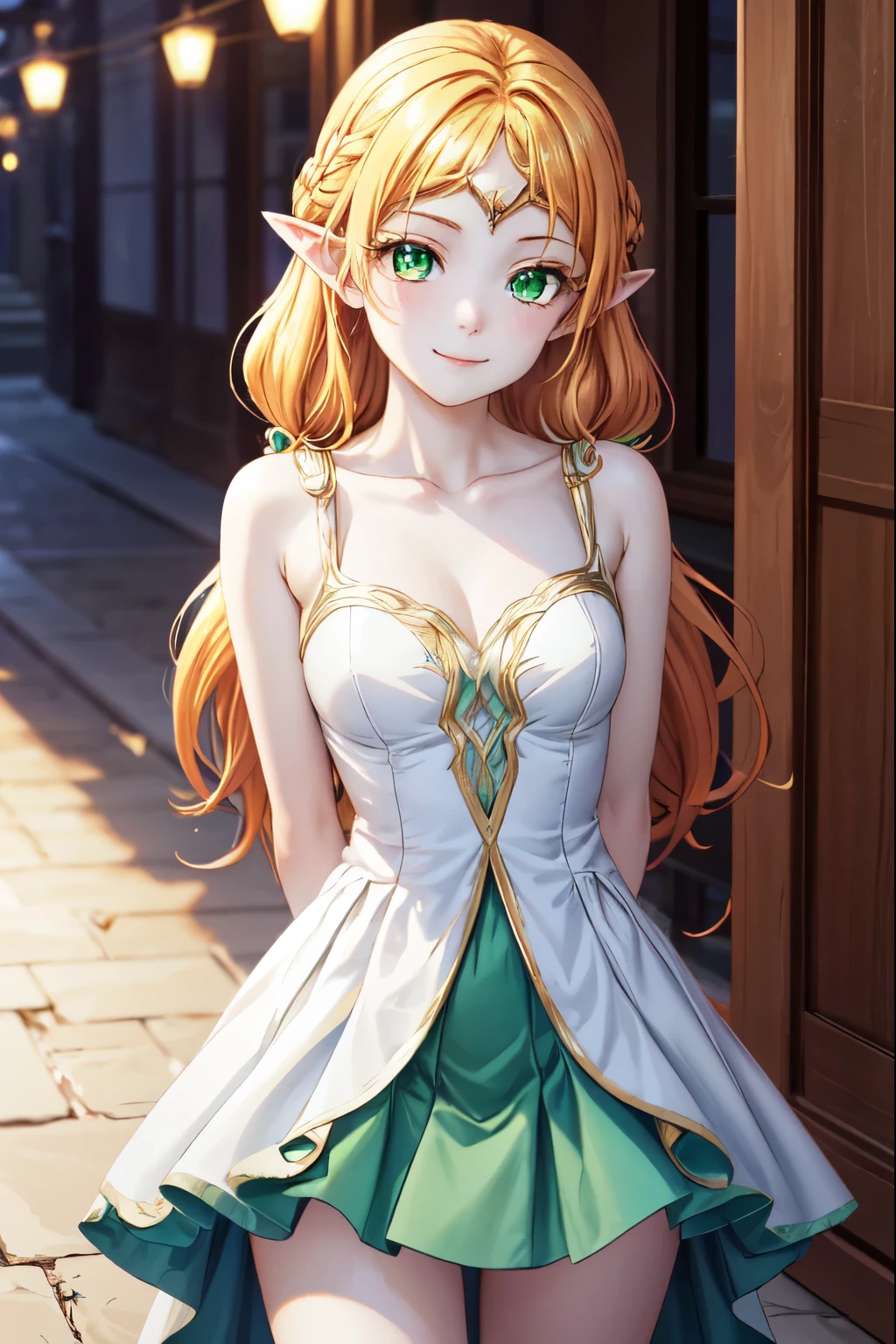 tsundereFairy, tsundere Fairy, Long Hair, Blonde Hair, (Green Eyes:1.5), Pointed Ears, Fairy, Multicolored Hair, Forehead jewel,smile、Closed Mouth、Absolute reference to the center、Cute no matter who looks at it、Arms behind back,clavicle,White  Dresses、Absolute reference to center、whole body, alone,Cinematic lighting、Cowboy Shot、Beautiful thighs、Highly detailed face, Perfect lighting, Highly detailed CG, (Perfect hands, Perfect Anatomy