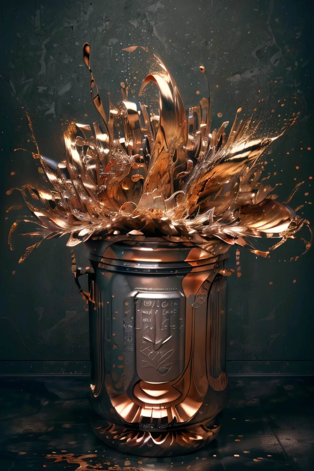 ((masterpiece, highest quality, Highest image quality, High resolution, photorealistic, Raw photo, 8K)), ((Extremely detailed CG unified 8k wallpaper)), Liquid metal flowing out of a broken container, swirling and gathering on the floor, solidifying into the shape of a person,