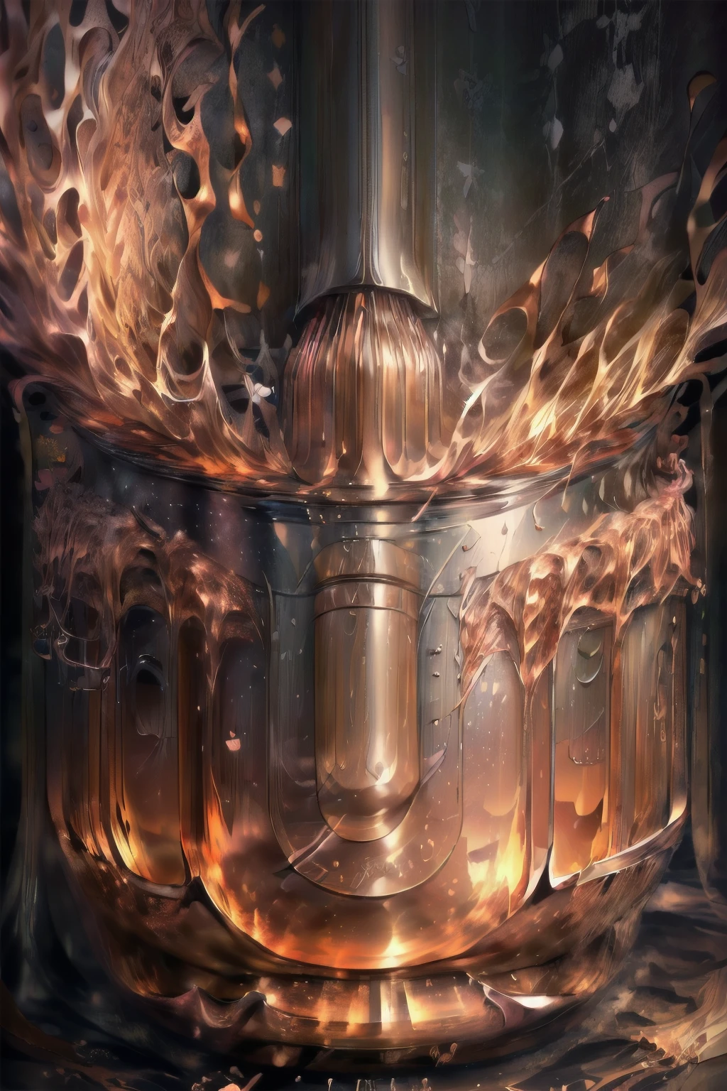 ((masterpiece, highest quality, Highest image quality, High resolution, photorealistic, Raw photo, 8K)), ((Extremely detailed CG unified 8k wallpaper)), Liquid metal flowing out of a broken container, swirling and gathering on the floor, solidifying into the shape of a person,