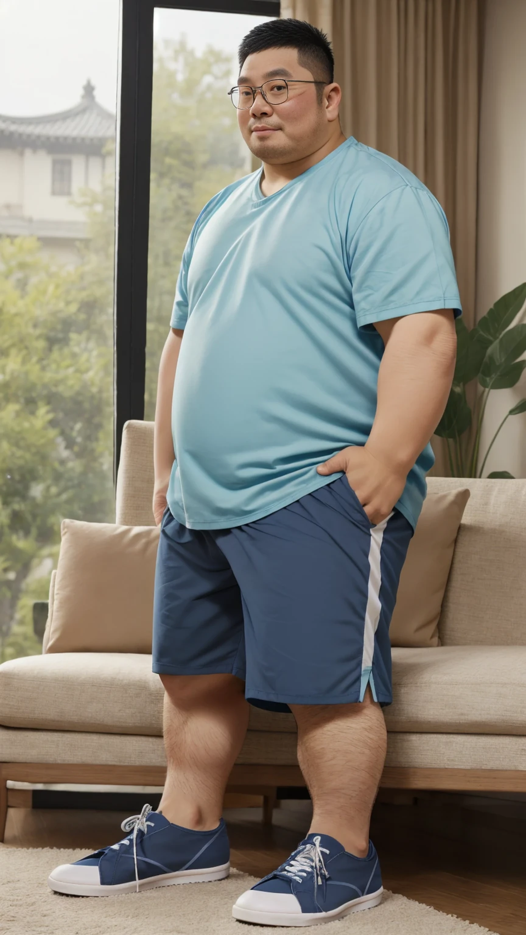 Arafed man in blue shirt and blue shorts standing in front of a couch -  SeaArt AI