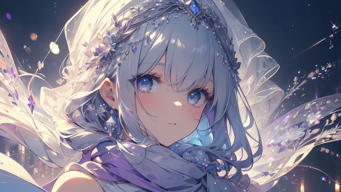 8k, Wrap a scarf around your head, High resolution RAW color art, animation, Silver Marble Skin, (((Highly detailed elegant))), Magical atmosphere, Detailed skin, texture,(Exquisitely crafted, The finer details, Ultra-detailed art), Depth of written boundary, Bokeh, Silky Touch, Hyper Detail, (Pastel Purple), Beautiful Eyes, Elegant face, Neon Downtown