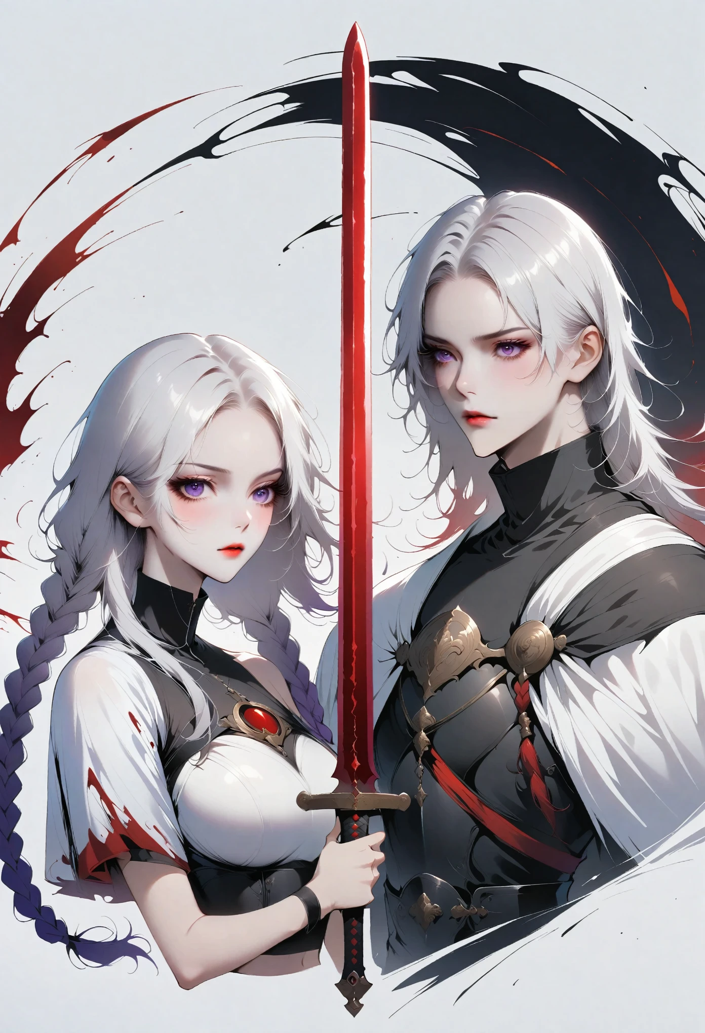 Half-length portrait，Girl with sword，simple lines minimalism，Abstract Art，Holding a red long sword，White long hair，Purple-twin-long-braids，High Neck Off Shoulder Cropped Short Sleeve Top，Skirt-Slit，Holding a long sword.A mysterious man in a cloak behind