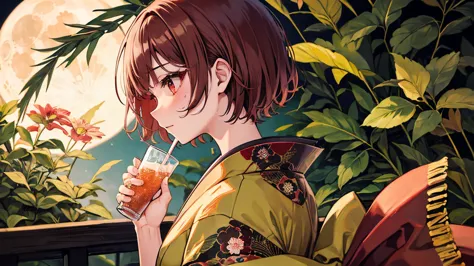 【highest quality, Tabletop】 [girl, kimono, Red eyes, profile, Wavy short hair, Brown Hair, Upper Body] (moon, Greenish foliage),...