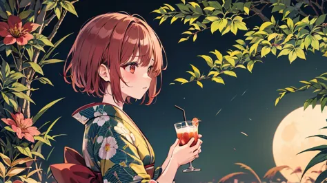 【highest quality, Tabletop】 [girl, kimono, Red eyes, profile, Wavy short hair, Brown Hair, Upper Body] (moon, Greenish foliage),...