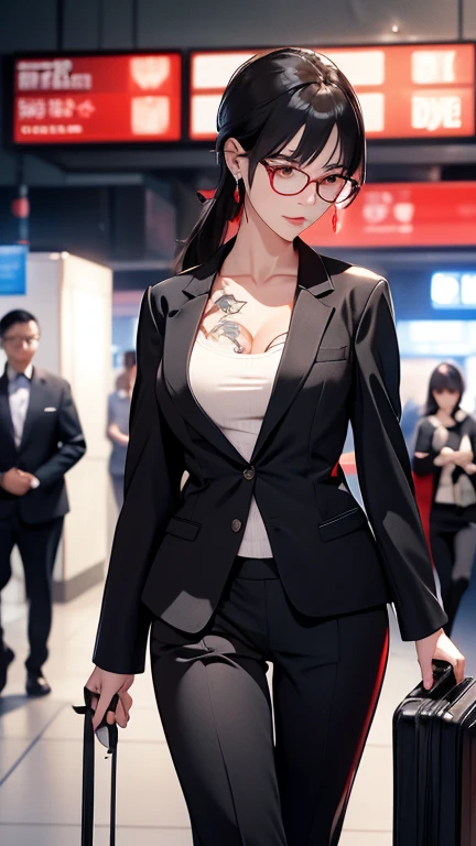 Tall Woman、business suit、Black Hair、Business Bag、Run through the station、Sweat、Knitted ponytail、Earrings、Black underwear、The blouse that was saved by underwear、Tattoo on chest、Fat body type、Red glasses、Small breasts、pants suit、president((airport))