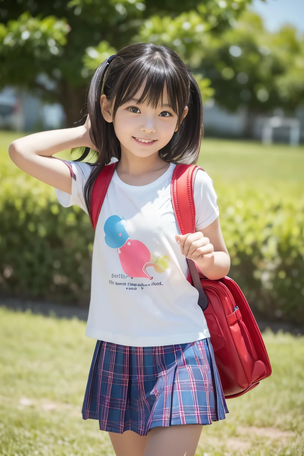 A close up of a young girl in a skirt and a backpack - SeaArt AI