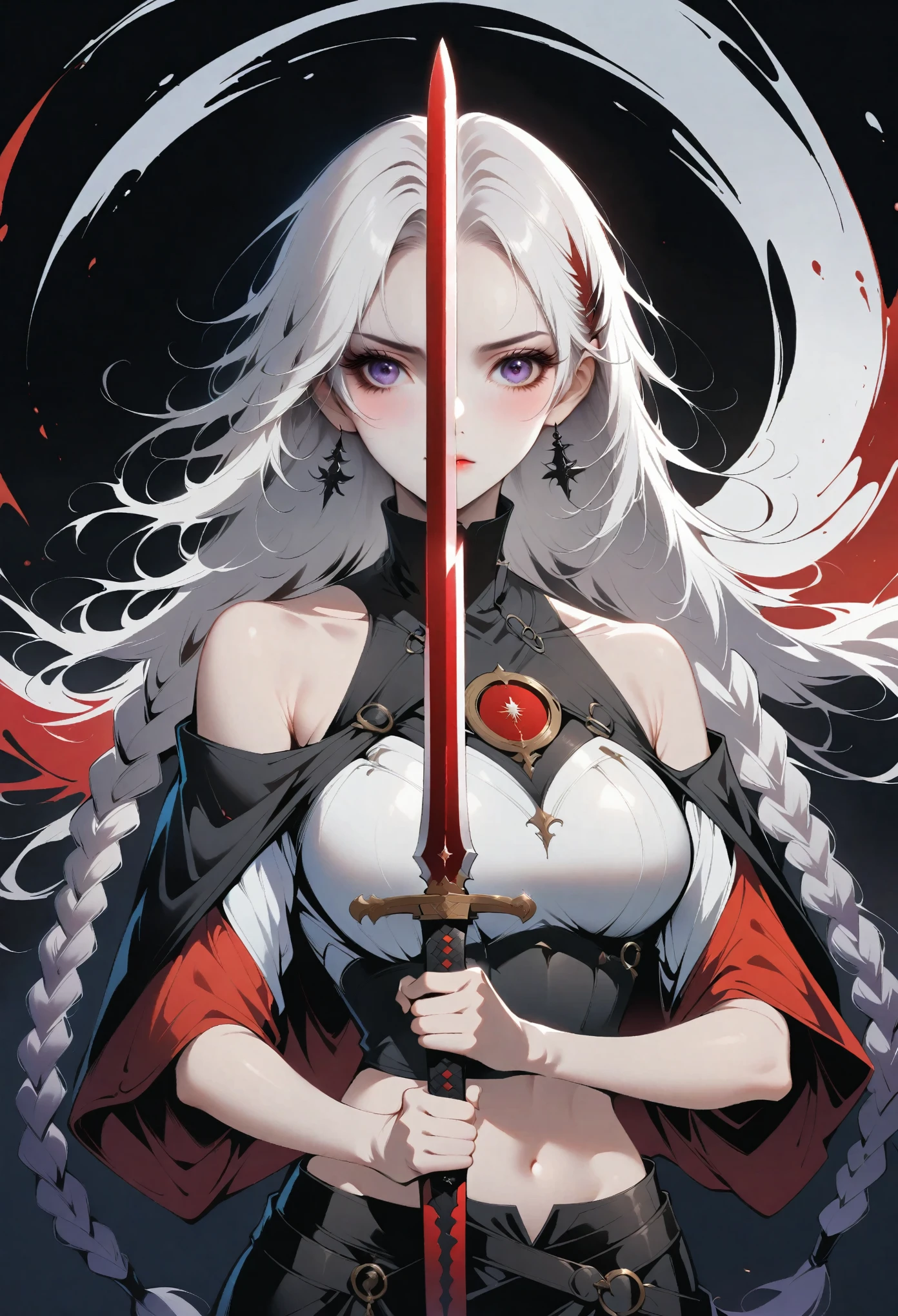 Half-length portrait，Girl with sword，simple lines minimalism，Abstract Art，Holding a red long sword，White long hair，Purple-twin-long-braids，High Neck Off Shoulder Cropped Short Sleeve Top，Skirt-Slit，Holding a long sword.A mysterious man in a cloak behind