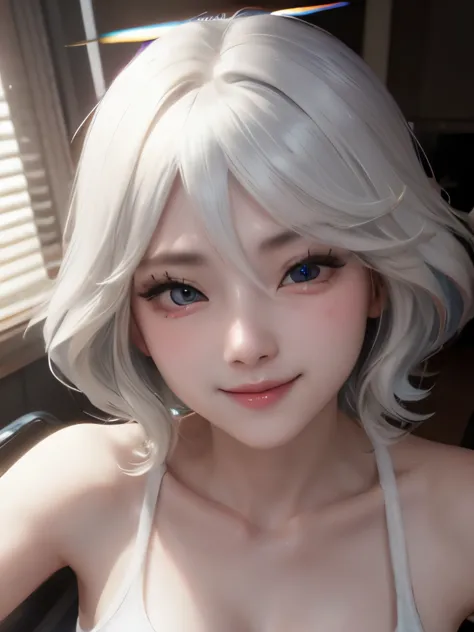 ((best quality)), ((masterpiece)), (detailed), perfect face. Asian girl. Smile. White hair. Tank top. Small breast. Cleavage.