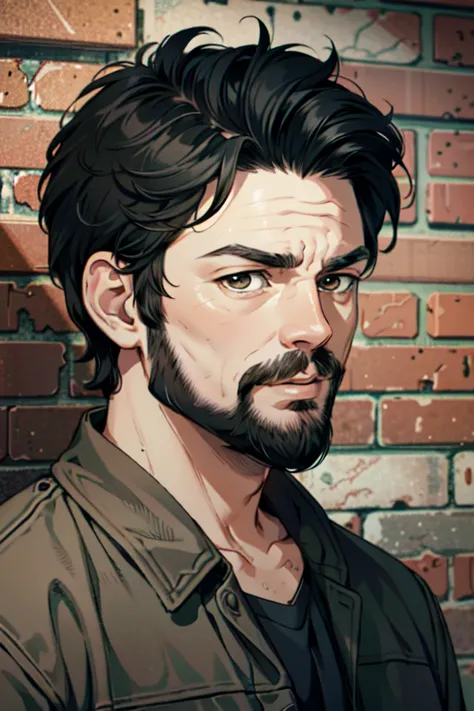 ((ultra detailed, masterpiece, absurdres))
 tbbbutcher, 1boy, short hair, black hair, brown eyes, beard, vintage brick wall