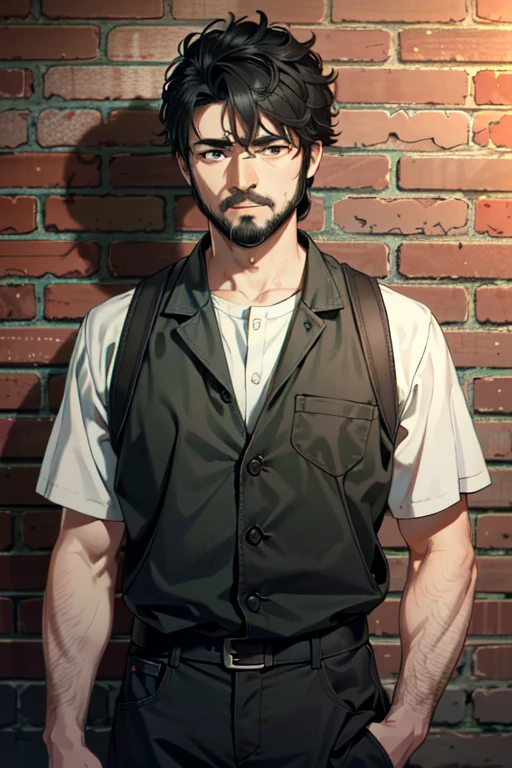 ((ultra detailed, masterpiece, absurdres))
 TBBButcher, 1boy, short hair, black hair, brown eyes, beard, Vintage Brick Wall