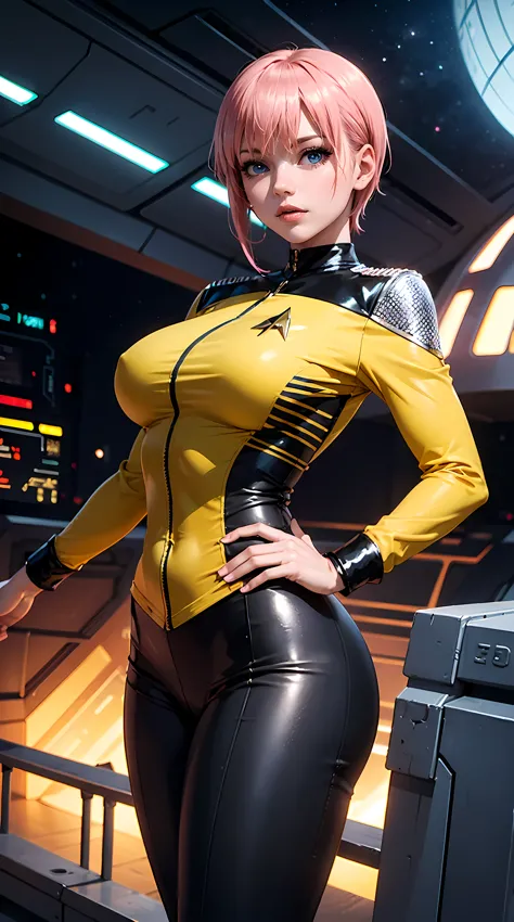 Beautiful short pink hair woman is shown to have a sexy figure, She is wearing an star trek yellow uniform, jewelry, she has blu...