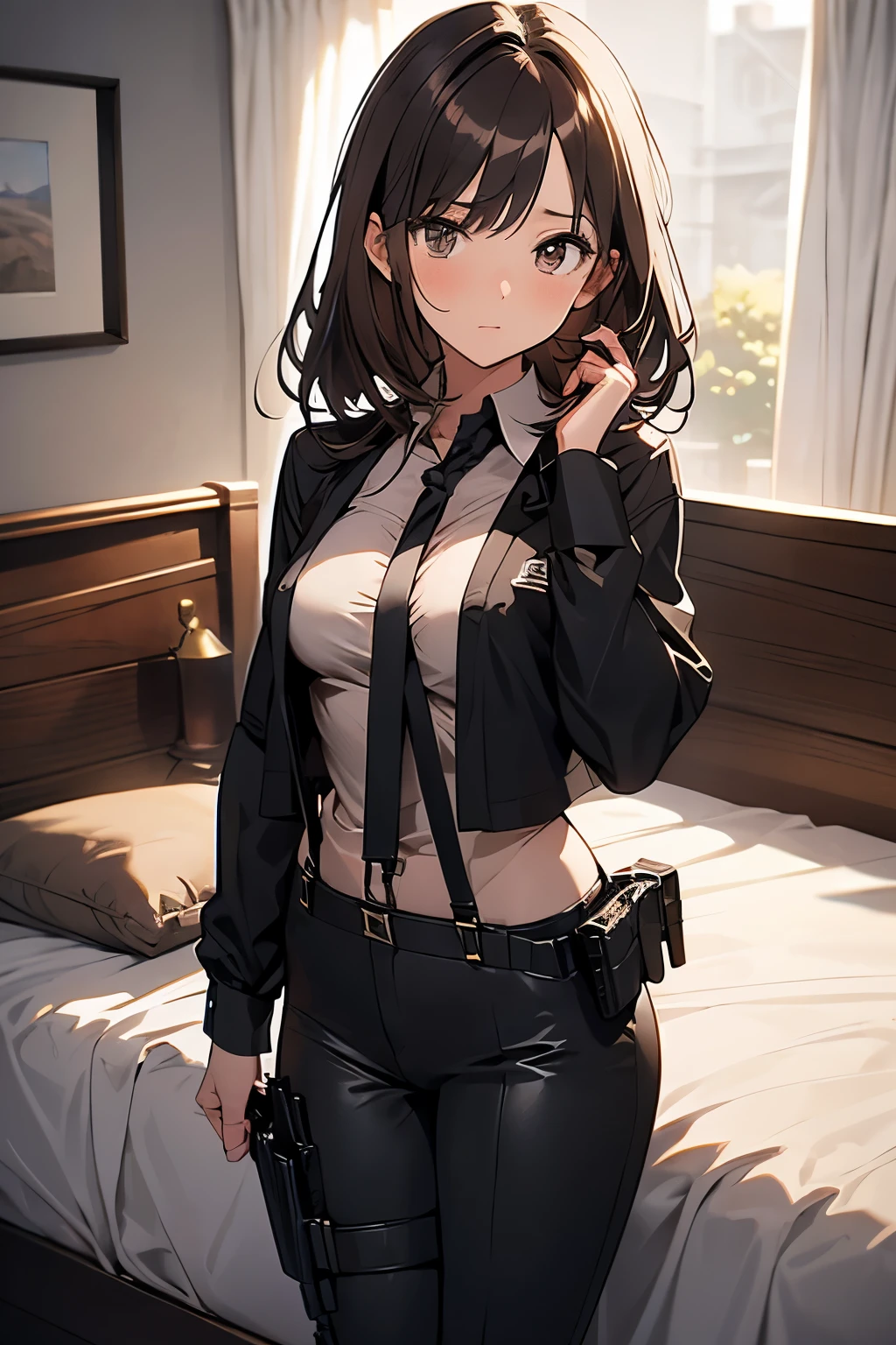 Brown Hair、Staring at the audience　　　Black suspenders　　　bulging big breasts　　 　 　　　wall: 　Black pantsuit　　　　　　sight　　　Small face　 　　　holster　　　Beautiful woman　　Show your hand　　 Lying in bed　　sight 　　Taunt　side　side汗 　arm　Dress shirt　Black Suit　belt