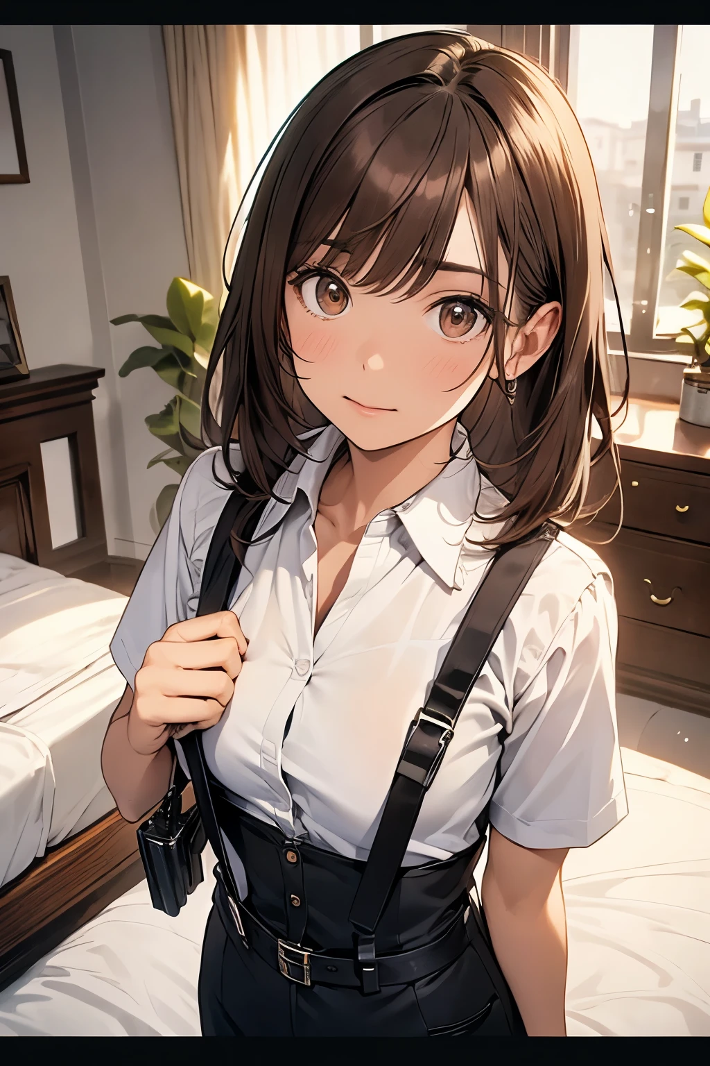 Brown Hair、Staring at the audience　　　Black suspenders　　　bulging big breasts　　 　 　　　wall: 　Black pantsuit　　　　　　sight　　　Small face　 　　　holster　　　Beautiful woman　　Show your hand　　 Lying in bed　　sight 　　Taunt　side　side汗 　arm　Dress shirt　Black Suit　belt