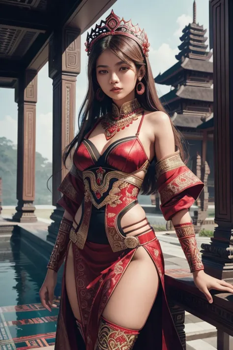 an indonesian-styled futuristic sexy lingerie worn by a 12 years old girl with brown hair depicting cultural fusion and modern f...