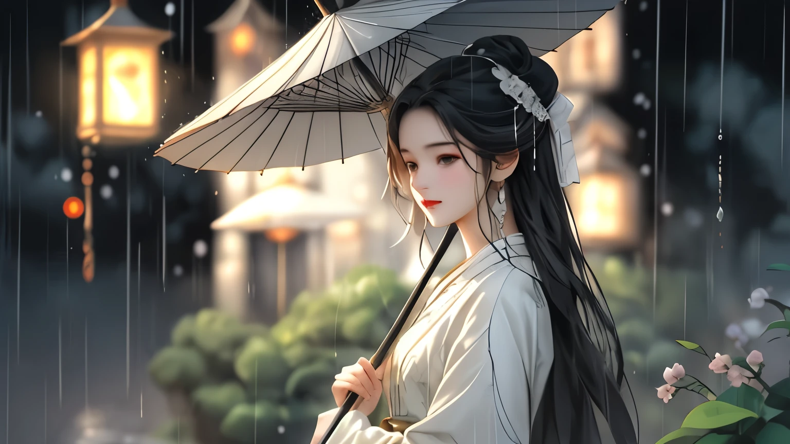 A woman holds a oil-paper umbrella on her shoulder to shelter from the rain as part of a fashion event in the style of Yue Xiaofei, light jade, ethereal dream, Tang Youhong, elegant, detailed design, dansaekhwa Joil-paper umbrellachinese clothesholding umbrellarain