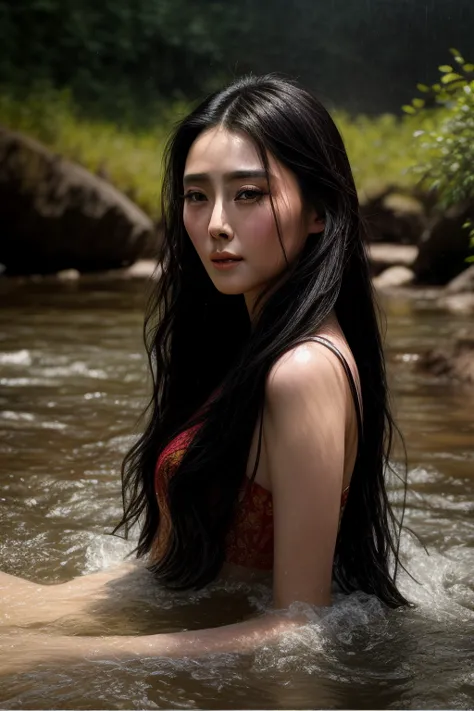 close up portrait of a  Chinese actress Fan Bingbing with long black hair bathing in a river, reedacklighting), realistic, maste...