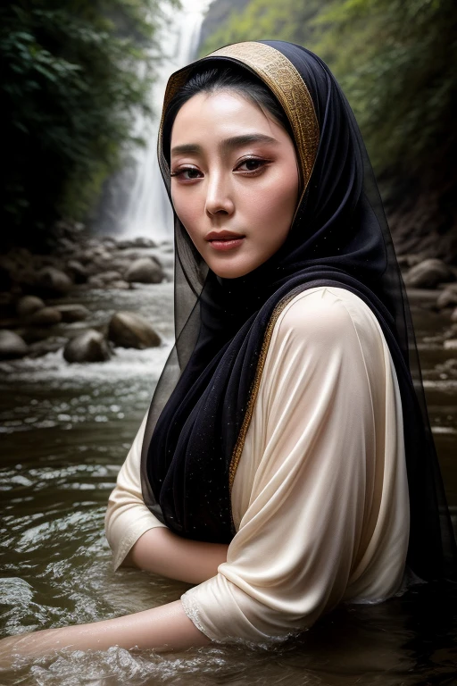 Primer plano retrato de una actriz china Fan Bingbing con hijab,bañarse en un río, iluminación reed), Realista, Obra maestra, de la máxima calidad, destello de lente, sombra, Floración, [[aberración cromática]], por Jeremy Lipking, by Antonio J. Manzanedo, pintura digital,