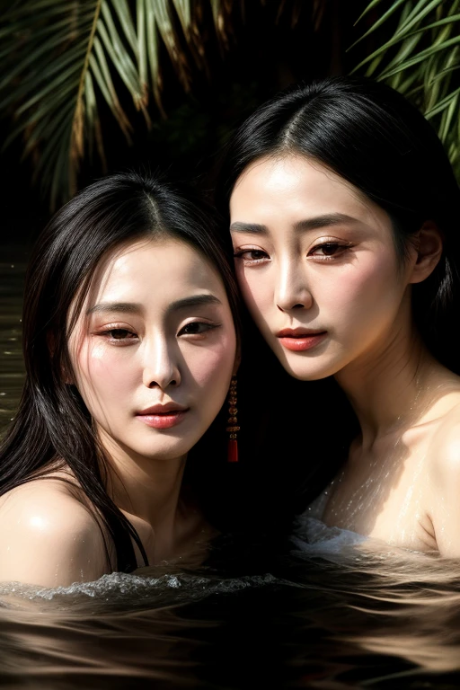 close up portrait of a Chinese actress Fan Bingbing and Zhang Zi Yi with hijab,bathing in a river, reedacklighting), realistic, masterpiece, highest quality, lens flare, shade, bloom, [[chromatic aberration]], by Jeremy Lipking, by Antonio J. Manzanedo, digital painting,