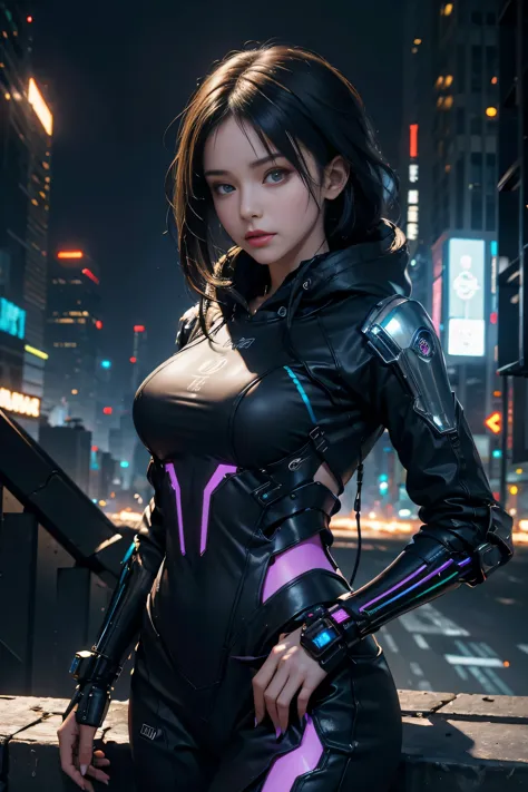 Amidst the towering skyscrapers of a cyberpunk metropolis, a beautiful hacker with half of her face enhanced with cybernetic imp...