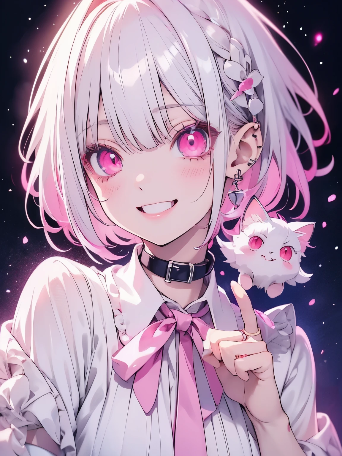 White hair. Short hair. Inner pink hair. Anime girl. Cute face. Pink eyes. Glowing eyes. Nekomimi. Smiling. White clothes. Pink tie. Small breast.