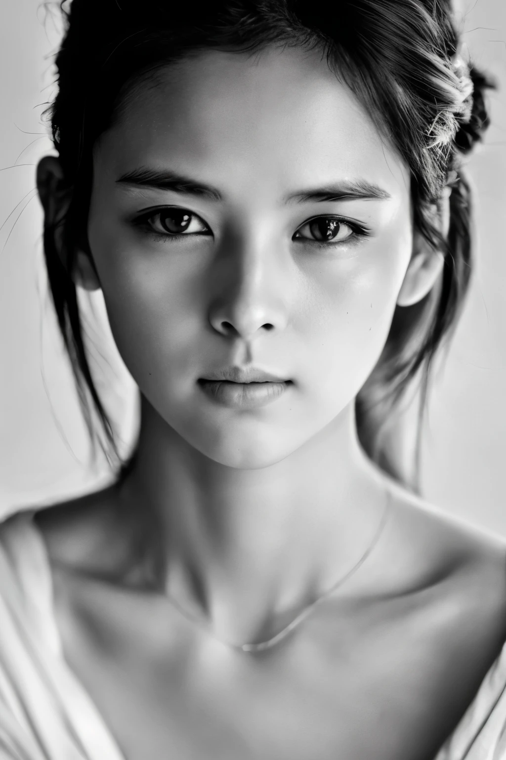 (highest quality,Very detailed,Realistic),(Portraiture),(Black and White),(Soft lighting),(Beautiful Faces of Japan),(Detailed facial features),(White Background),(Line art),Anatomically correct, Being alone in the photo