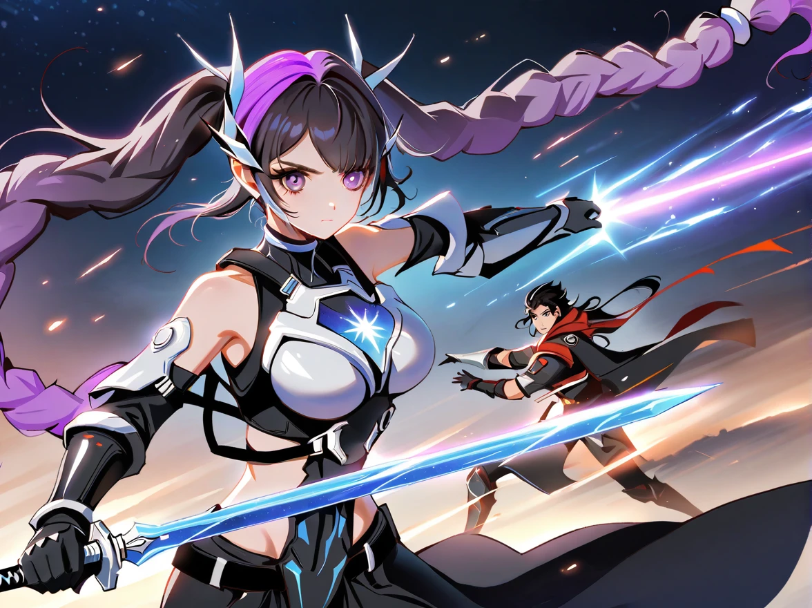 Two people，(An epic battle between ice and fire warriors), Fight with a sword, (1 girl has purple and white gradient double ponytail long hair:1.3), snowstorm, Starry sky vortex background，Gorgeous Starlight，Separate art，Star Wars, (BREAK 1 Boys Short Black Hair，Wearing futuristic armor:1.5)，anatomically correct:1.5, Knee Shot