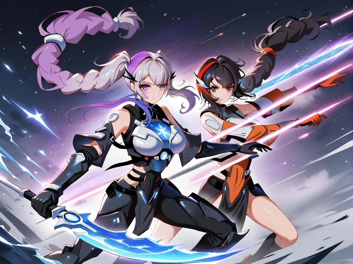 Two people，(An epic battle between ice and fire warriors), Fight with a sword, (1 girl has purple and white gradient double ponytail long hair:1.3), snowstorm, Starry sky vortex background，Gorgeous Starlight，Separate art，Star Wars, (BREAK 1 Boys Short Black Hair，Wearing futuristic armor:1.5)，anatomically correct:1.5, Knee Shot