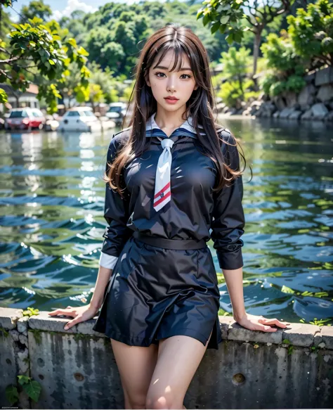 There is a woman posing on the wall by the water, Japan Girls' Uniform, Sailor suit with loose coat collar, Japanese , Japan peo...