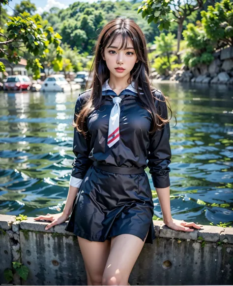 there is a woman posing on the wall by the water, japan girls' uniform, sailor suit with loose coat collar, japanese , japan peo...