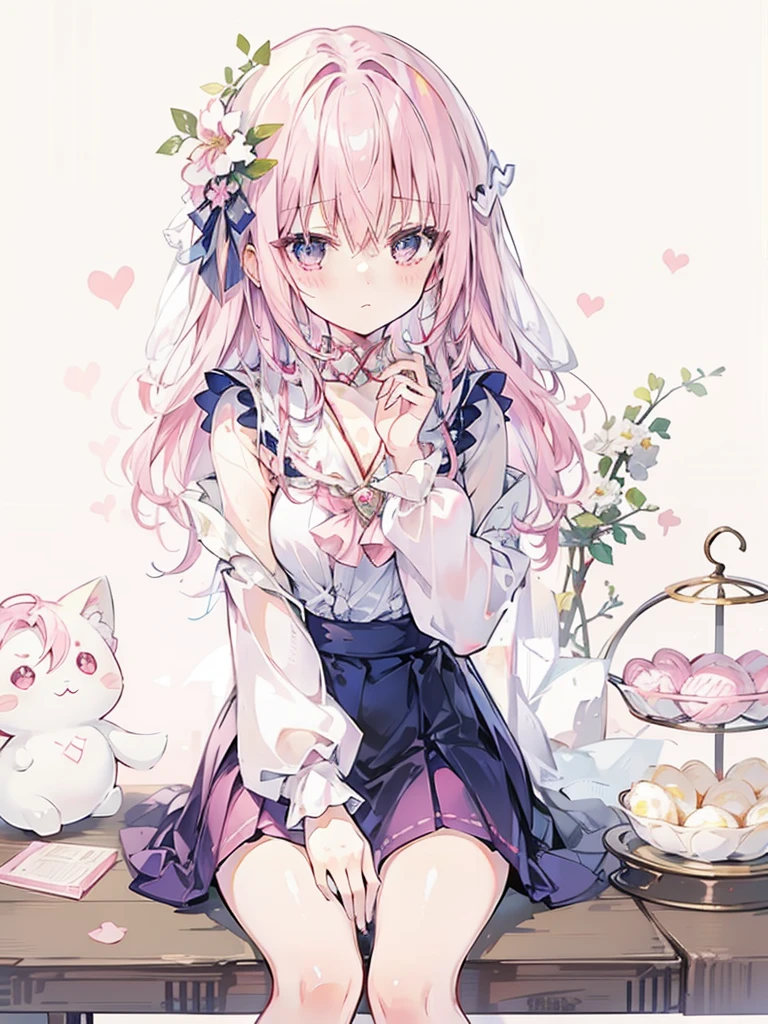 Fantastic background on clouds，with pink hair，Red pupils，Soft and creamy white clothes，There are pink shawls，It has a cute and milky big collar，Cute ，Two-dimensional style