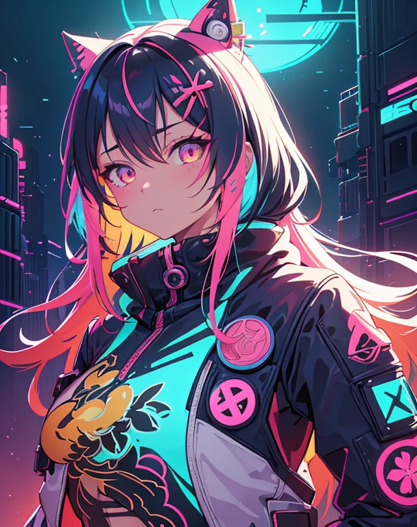 Kawaii-Stil {Stil Detaillierte Körperbemalung schöne Neon Betreiber gebräunte Frau, cyberpunk futuristic neon, reflektierender Puffermantel, dekoriert mit traditionellen japanischen Ornamenten von Ismail Inceoglu Dragan Bibin Hans Thoma Greg Rutkowski Alexandros Pyromallis Nekro Rene Maritte illustriert, Perfektes Gesicht, Feine Details,} . Niedlich, Liebenswert, hell gefärbt, Heiter, Anime-Einfluss, sehr detailliert