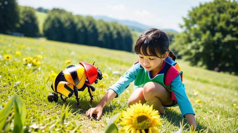 Children playing with beautiful beetles in the grassland、Children playing with beautiful beetles in the grassland、Colorful Mushiking