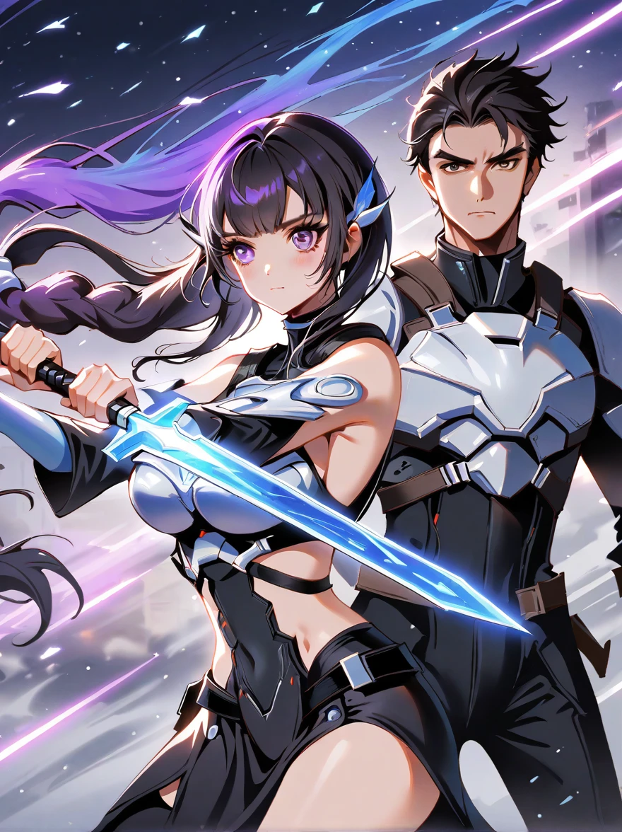 Two people，(An epic battle between ice and fire warriors), Fight with a sword, (1 girl has purple and white gradient double ponytail long hair:1.3), snowstorm, Starry sky vortex background，Gorgeous Starlight，Separate art，Star Wars, (BREAK 1 Boys Short Black Hair，Wearing futuristic armor:1.5)，anatomically correct:1.5, Knee Shot