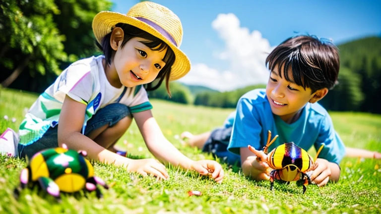 Children playing with beautiful beetles in the grassland、Children playing with beautiful beetles in the grassland、Colorful Mushiking