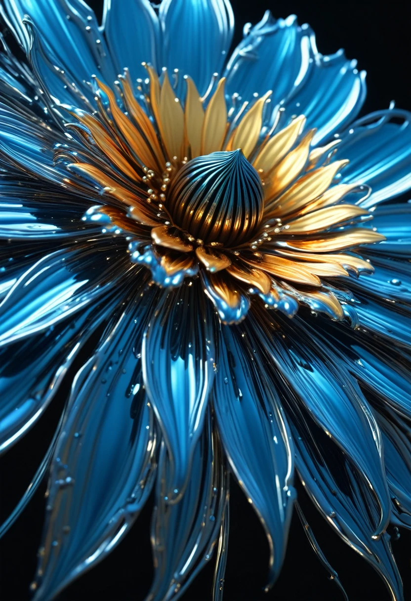 A liquid metal flowers, dripping metal, liquid, highly detailed, intricate, organic shapes, shiny metallic petals, glowing bioluminescent center, mesmerizing flowing movement, ethereal, magical, dramatic lighting, vibrant colors, (best quality,4k,8k,highres,masterpiece:1.2),ultra-detailed,(realistic,photorealistic,photo-realistic:1.37),cinematic composition