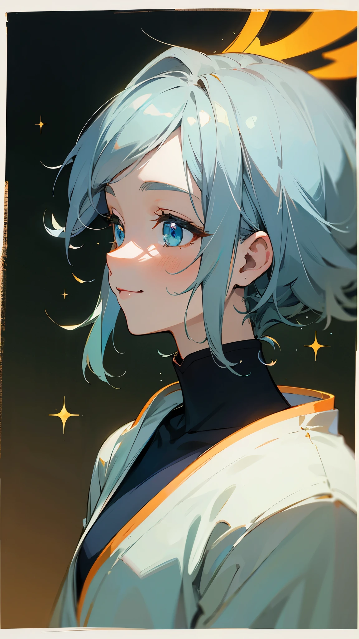 16-year-old girl、Anime style painting、Upper body close-up、smile、From the side, impression, (Oil), Green and orange tones、Silver Hair, (Sparkling blue eyes)、Eat rice balls、Delicate contours、Background Blur, Depth of the drawn border
