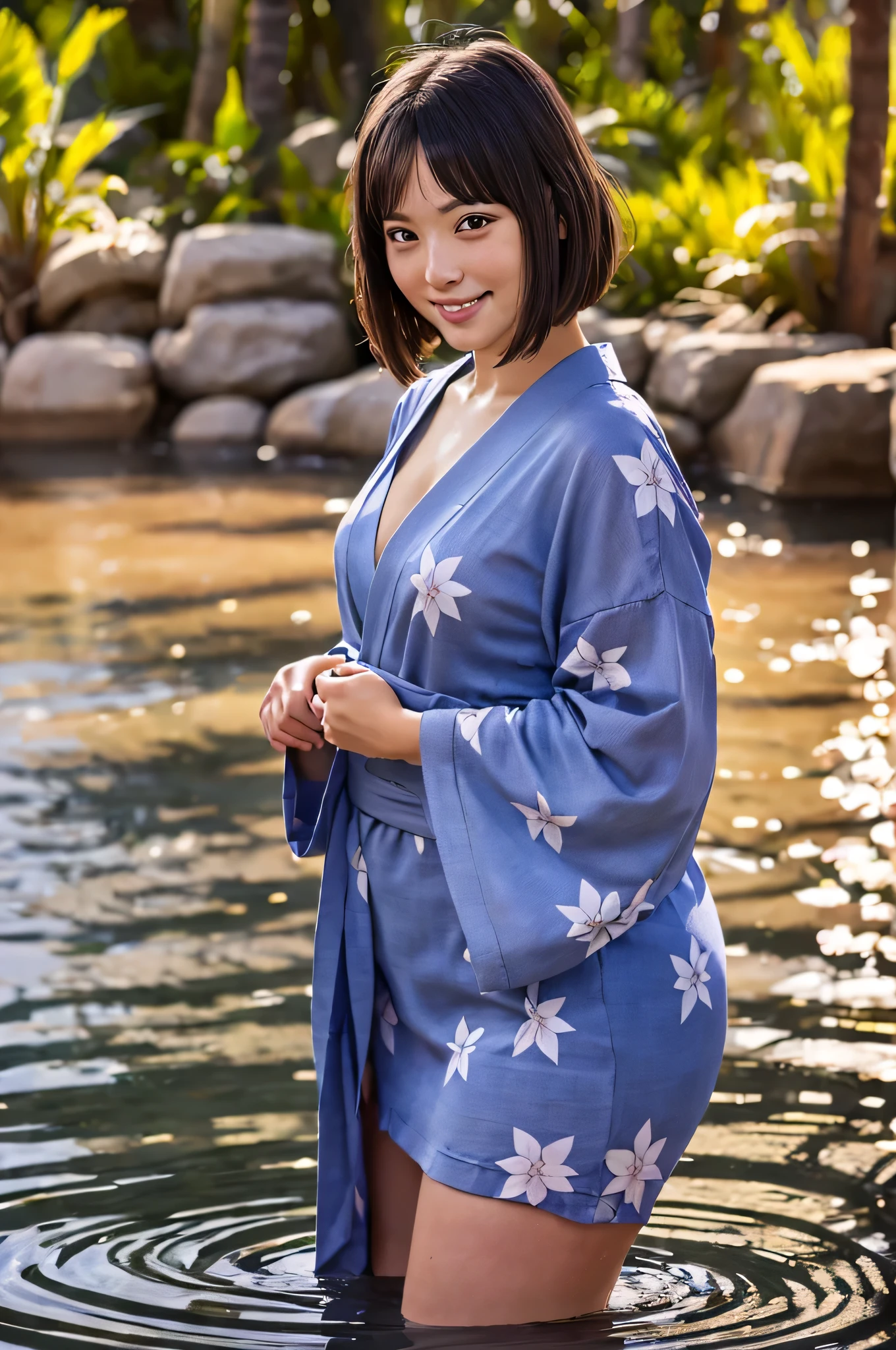 8k,high quality,high resolution,One woman,smile,(tall),whole body,young woman,Japanese,smile,Bobcut,Yukata,hot spring,Pursing his lips,,,