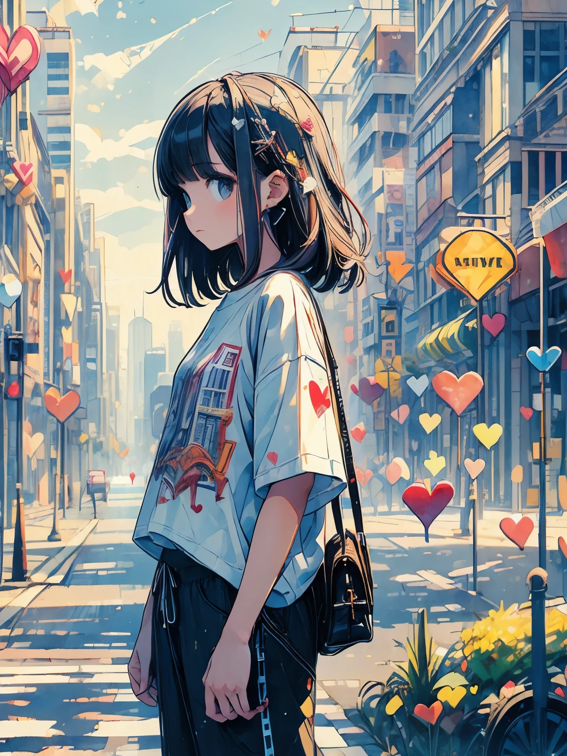 ((((masterpiece)))), highest quality, very_expensive_solve, Full Color, Gentle expression, Heart Eyes, 1 girl, Background heart cityscape, Street Style, Oversized T-shirt, Oversized pants, Looking from the side, Looking at this, watercolor, Bokeh, Cityscape, whole body