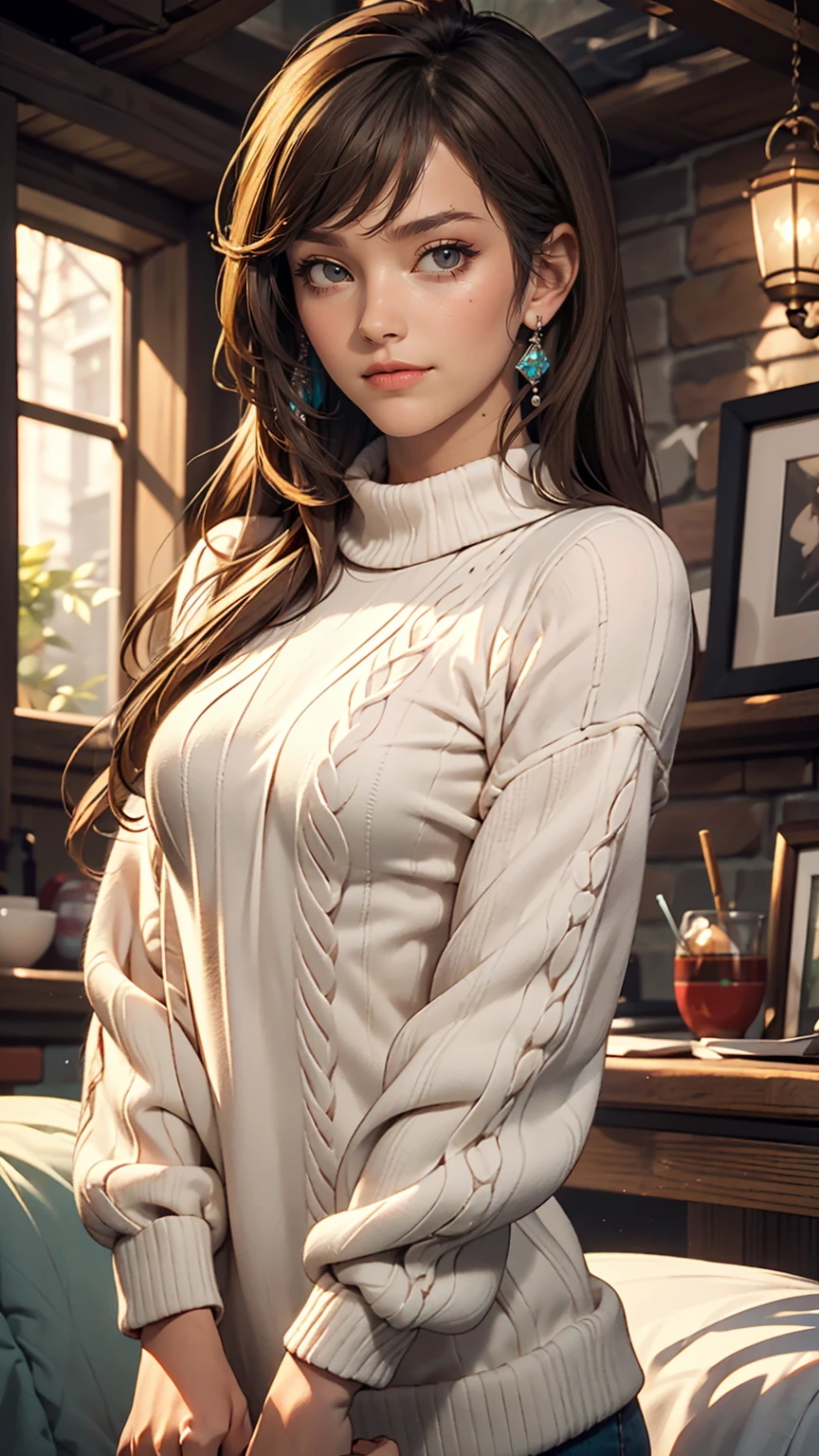 Beautifully detailed、High resolution portrait masterpiece of a girl with long hair。, Shiny brown hair and captivating green eyes, Wear a cozy sweater、She has a gorgeous smile that accentuates her small but perfectly shaped breasts..