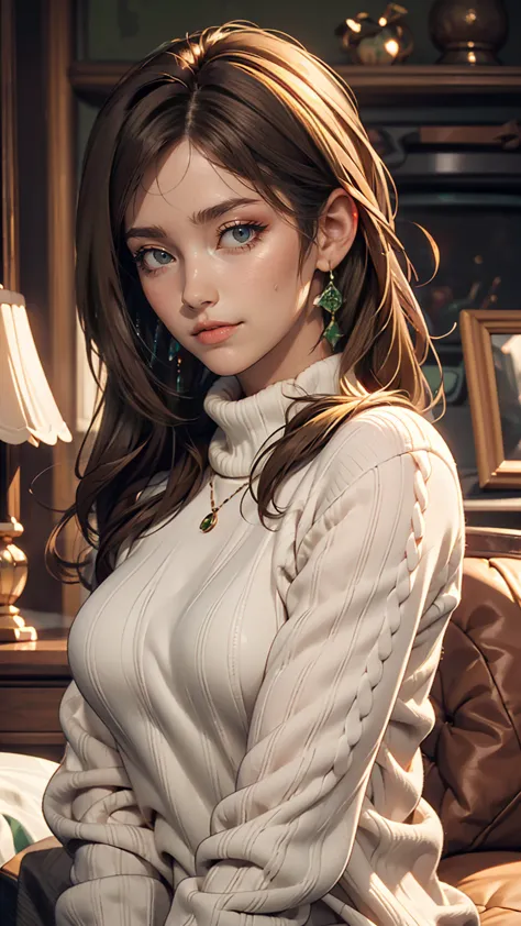 Beautifully detailed、High resolution portrait masterpiece of a girl with long hair。, Shiny brown hair and captivating green eyes...