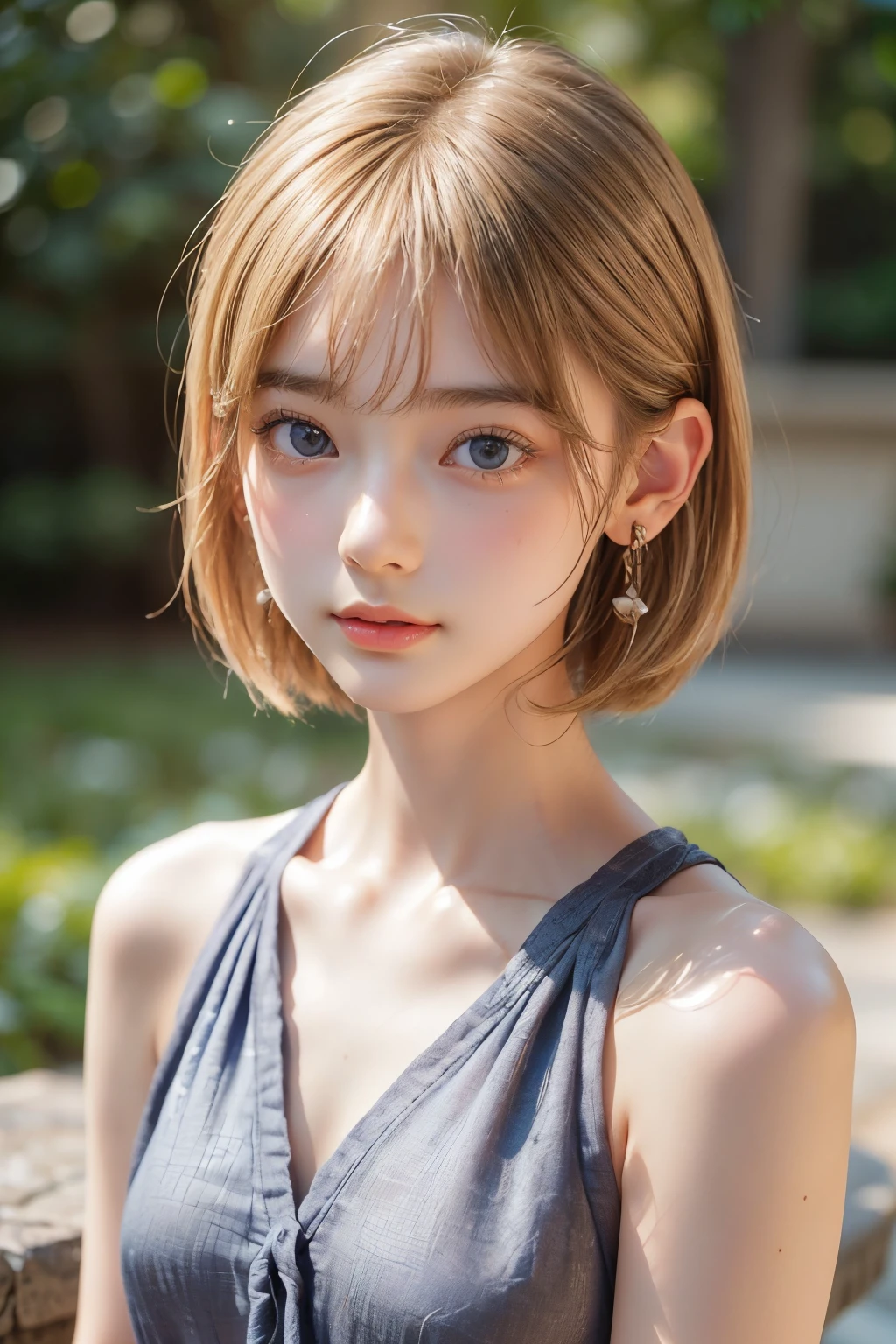 ((sfw: 1.4)), ((detailed face,  professional photography)), ((sfw, extra short hair, sidelocks-hair, earrings, 1 Girl)), Ultra High Resolution, (Realistic: 1.4), RAW Photo, Best Quality, (Photorealistic Stick), Focus, Soft Light, ((15 years old)), ((blonde silk  hair)), (( (young face))), (surface), (depth of field), masterpiece, (realistic), woman, bangs, ((1 girl))