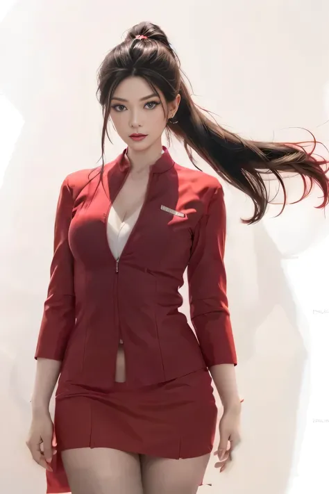 airasia red jacket uniform、long hair down to the legs、dark brown hair、hair tied up、tie your hair back in a ponytail、ponytail、red...